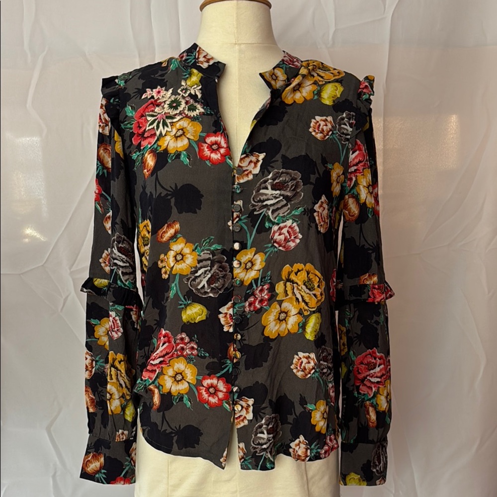 Anthropologie - Vineet Bahl Red and Yellow Ruffled Blouse with Mandarin Collar